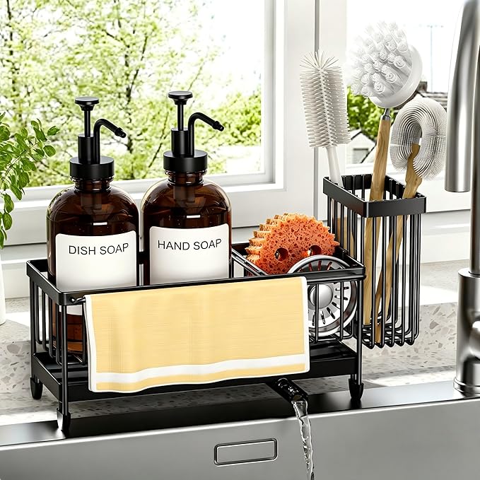 Kitchen Soap Dispenser Set with Sponge Holder and Towel Rack, 17OZ Glass Bottle, Hand and Dish Soap Dispenser Set, Non-Slip Silicone Pad, Brush Holder, Kitchen Sink Caddy Organizer Countertop (Amber)