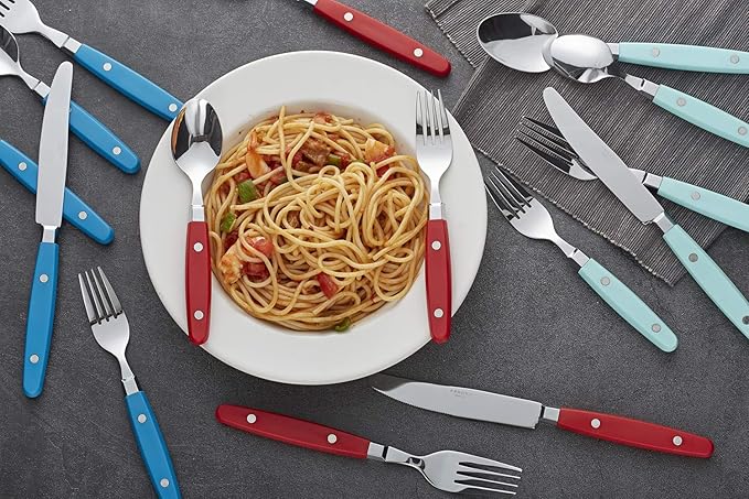 ANNOVA Silverware Set, Retro/Rivet Colorful Stainless Steel Tableware Kitchen Flatware Set Utensils, Includes Dinner Knives, Forks, Spoons & Dessert Spoons (Blue, 24 Pieces)