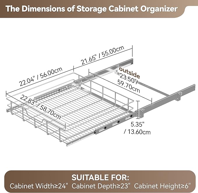 Pull Out Cabinet Organizer 24" W X 22" D, Slide Out Drawers For Kitchen Organizers and Storage, Pull Out Drawers For Cabinets Capacity Heavy Duty Caddy, Cabinet Shelves Chrome-Plated, Bathroom Pantry