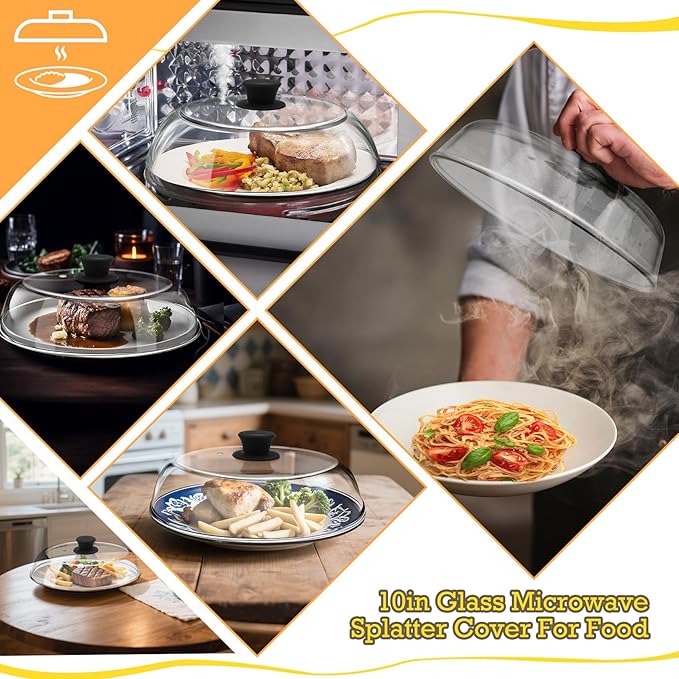 10in Glass Microwave Splatter Cover for Food, 10in Glass Microwave Cover for Food, Microwave Plate Lid with Vent Holes & Easy-Grip Handle, Dishwasher Safe, No Plastic, Food Grade,