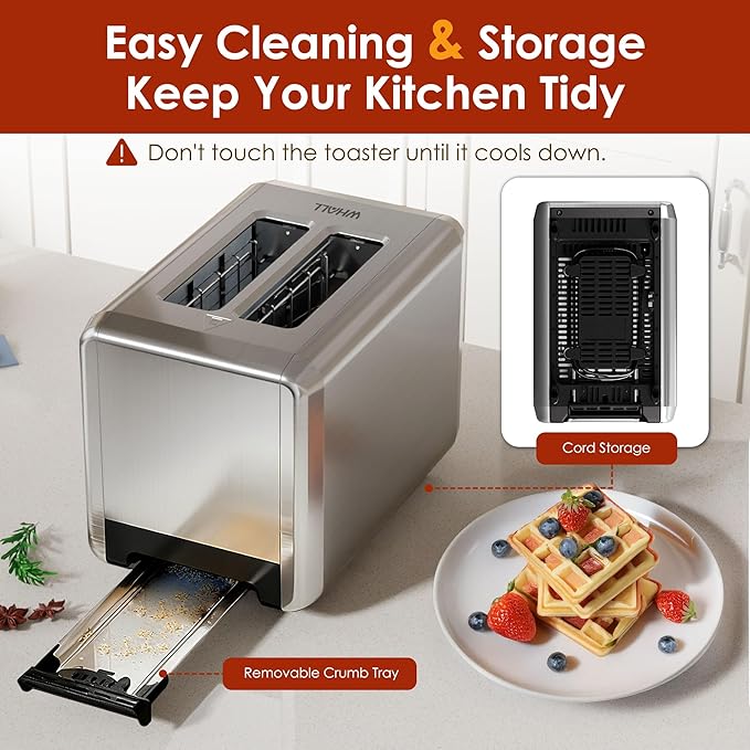 WHALL Touch Screen Toaster 2 Slice, 1.5'' Extra Wide Slot Smart Toaster with Digital Timer, 6 Bread Types & 6 Shade Settings, Crumb Tray, Reheat/Defrost, Stainless Steel Bread Toasters, Silver