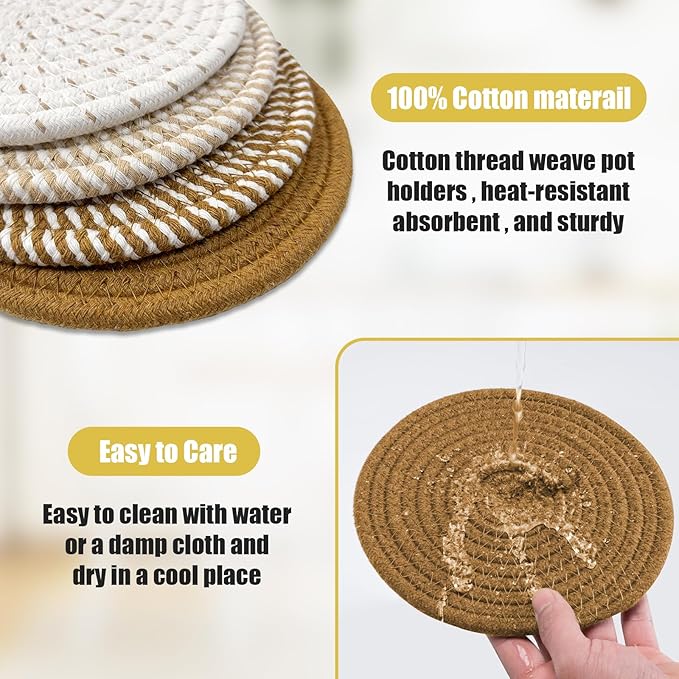 Trivets for Hot Dishes, Hot Pads for Kitchen, 7'' Trivets for Hot Pots and Pans, Pot Holders for Kitchen, Pot Holders Heat Resistant 4-Pcs, Kitchen Essentials for New Home (Brown)