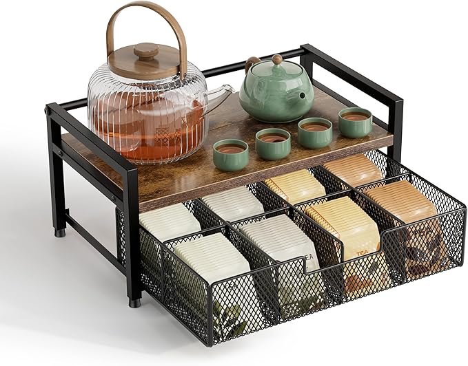 Tea Bag Organizer, Tea Bag Holder with Drawer, Wood and Metal Tea Organizers and Storage Chest for Countertop Kitchen, Office, Rustic Brown