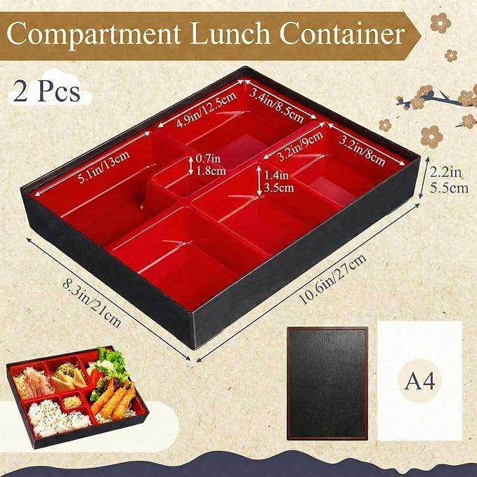 Teenyyou 2 Pcs 10.6 x 8.3 x 2.2 Inch Japanese Bento Box 6 Compartments Divided Lunch Box with Greaseproof Adult Japanese Bento Lunch Container Sushi Home Restaurant