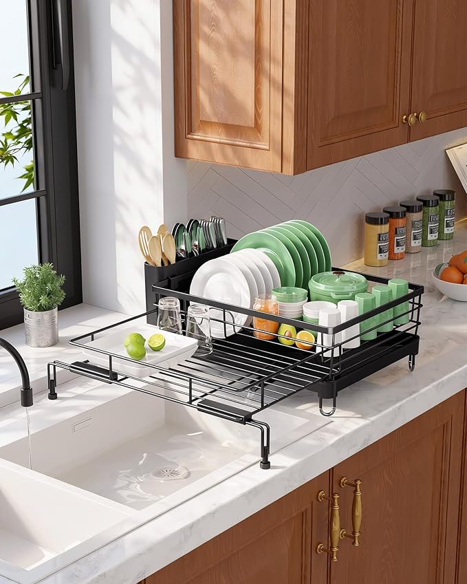 Kitsure Extendable Dish Drying Rack - Rust-Resistant Dish Racks for Kitchen Counter with Adjustable Support Legs, Cutlery Holder & Removable Draining Tray (Black, 15.6''-25.2''L × 16.9''W × 8.1''H)