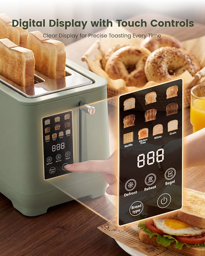 4 Slice Toaster, Long Slot Touch Screen Retro Toaster with Digital Countdown, Extra-Wide Slots for Bagels & Bread, 6 Browning Levels, 5 Bread Modes, Defrost Reheat Cancel, Stainless Steel