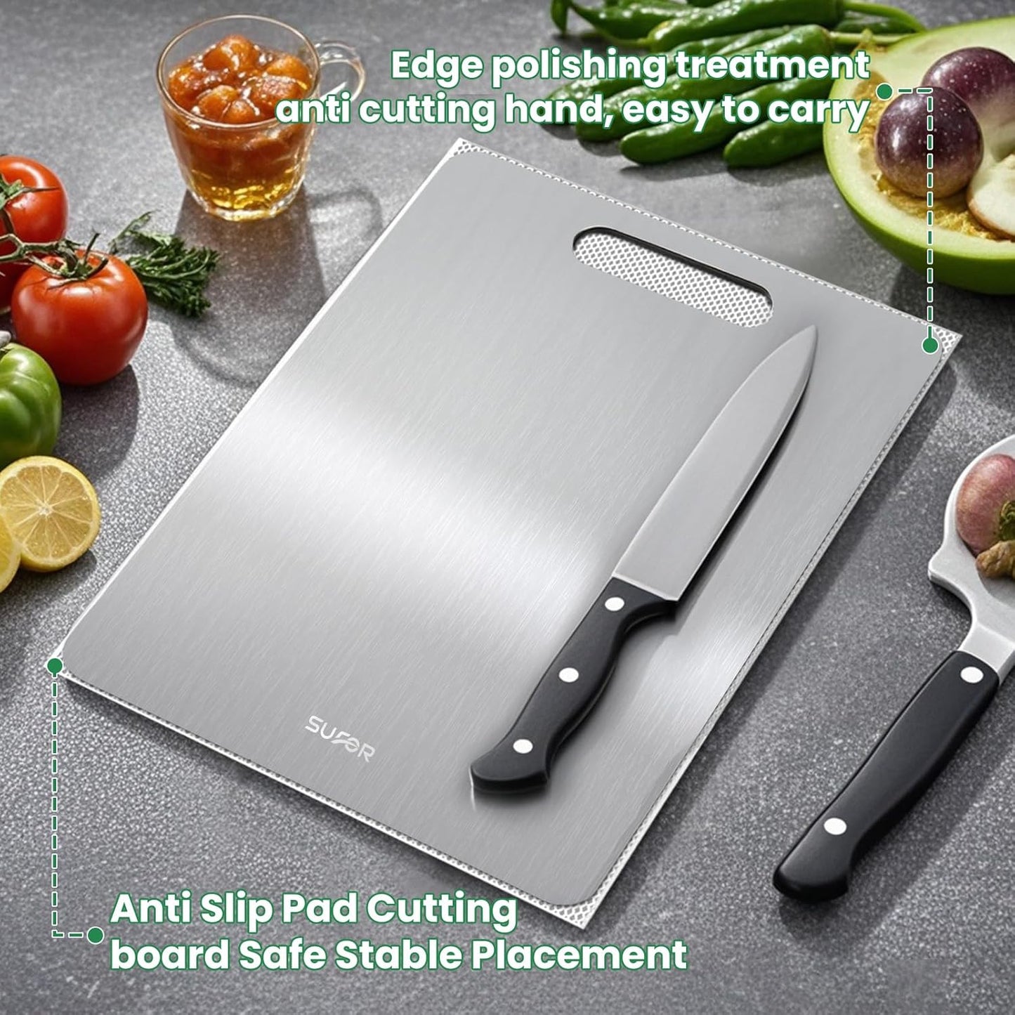 2 Pack Titanium Cutting Board, 100% Pure Titanium Cutting Boards For Kitchen, Non-Slip Chopping Board, Dishwasher Safe, Easy to Clean, Durable & Hygienic for Meat, Vegetables, Fruits (18 * 12)