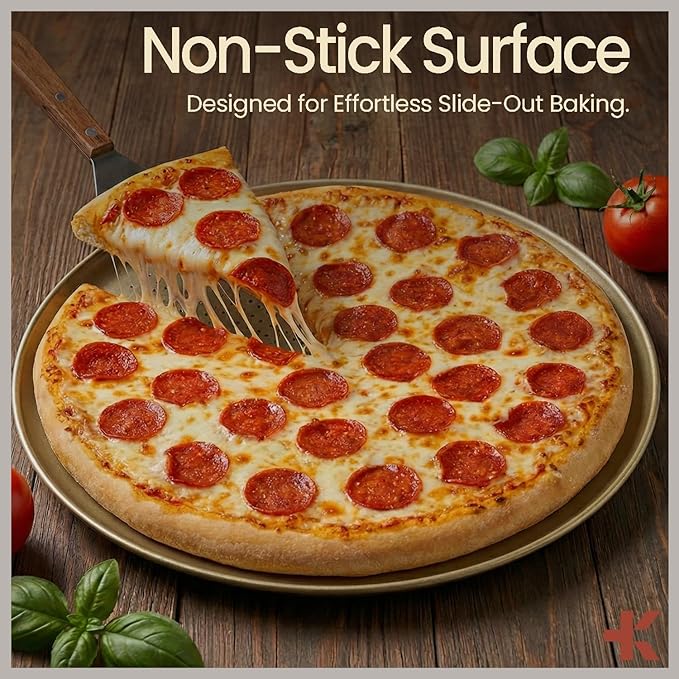 Bakken 16 Inch Non-Stick Pizza Pan 2 Pack, Round Carbon Steel Pizza Tray with Perforated Holes, PFOA, PFOS, & PTFE-Free, Dishwasher & Oven Safe Up To 450°F, Durable Nonstick Coating, Gold