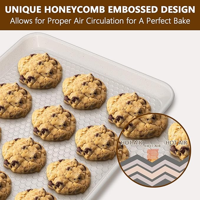 Wildone 2 Pack Half Sheet Baking Pans, Honeycomb Embossed Nonstick Baking Sheet 17.5x12 In, Thicker Carbon Steel Cookie Sheet, Even Heating & Warp Resistant, White
