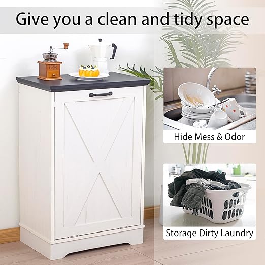 13 Gallons Tilt Out Trash Cabinet, Hidden Trash Can Cabinet Wooden Tilt Out Pet Proof Hidden Trash Bin Cabinet for Kitchen (Black and White)