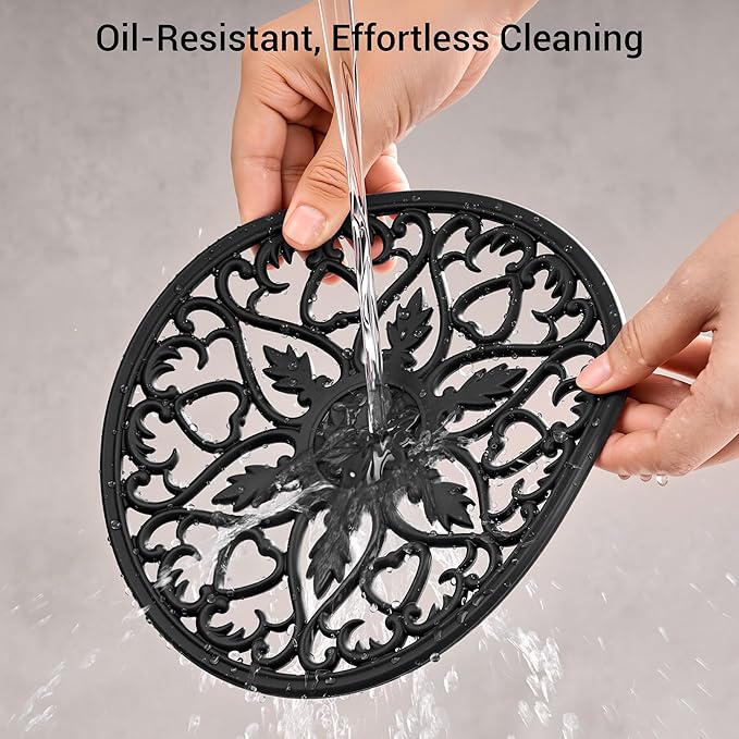 SMARTAKE 6 Set Silicone Trivet Mats, Multi-Use Intricately Carved Coasters, Insulated Non-Slip Durable Kitchen Mats, Flexible Modern Kitchen Table Mat, for Hot Dishes, Pots, Countertop (Black)