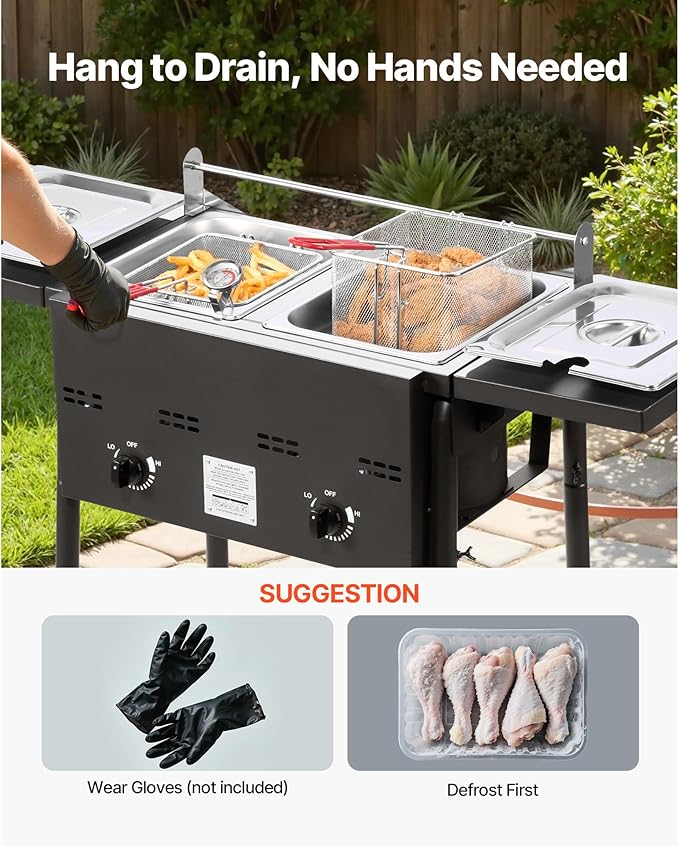 VEVOR Outdoor Propane Deep Fryer, Double Burners Commercial Fryer, 16 Qt Stainless Steel Cooker with Removable Baskets & Lids & Tanks, Oil Fryer Cart with Thermometer & Regulator, For Outdoor Cooking