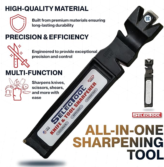 Selectool Tool and Knife Sharpener MultiTool Blade Sharpener for Kitchen Knives, Pocket Knife, Tools, Scissors, Axes & More, EDC Gadgets for Outdoor Hunting and Fishing, Effortless, Made in USA, 1 pc