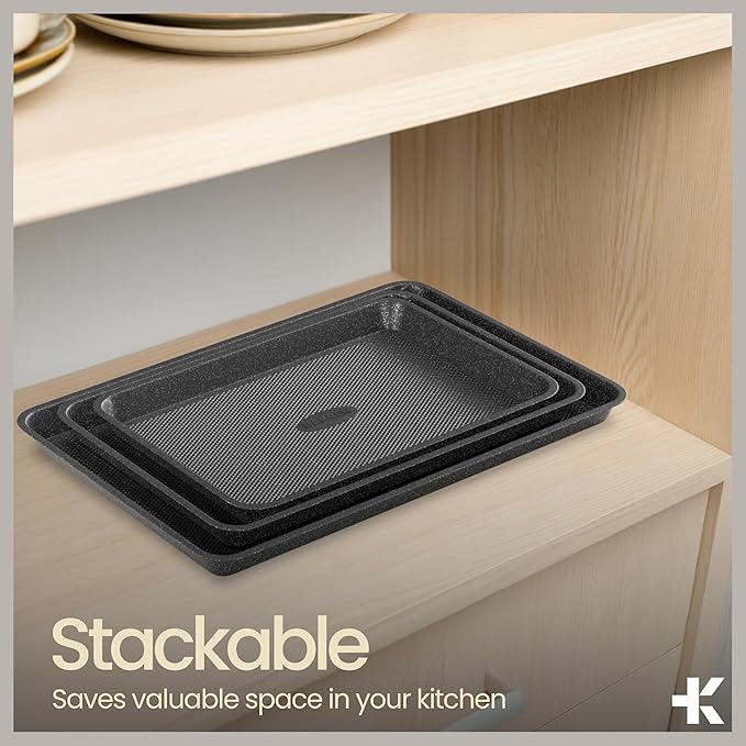 BAKKEN Kitchen Baking Pans - Small, Medium, and Large Cookie Pan (13.58×9.65, 15.75×11, 17.91×12.60), Nonstick, Diamond Texture Bottom, PFOA, PFOS, PTFE Free, Oven Safe (450°F), Pack of 3, Gray Marble