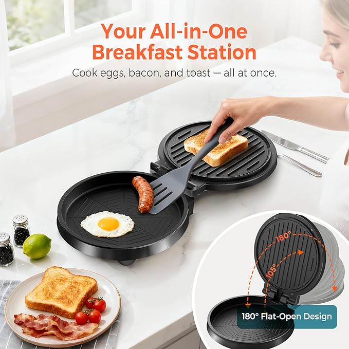 3-in-1 Electric Griddle & Panini Press - CACHOO 8" Nonstick Round Griddle and Sandwich Press with On/Off Switch, 180° Open Design, Perfect for Pancakes, Omelettes, Quesadillas, Veggies (Black)