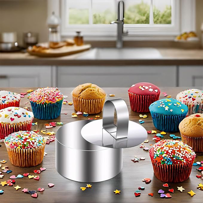 DATANYA Round Cake Ring Molds, 3 Inch Stainless Steel Food Rings Mold with Pushers 3 ‘’ Crumpet Tart Rings for Tuna Tartare, Dessert Cooking (6 Rings & 2 Pushers)