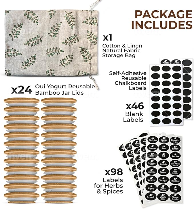 4-24 Piece Sets of Oui Yogurt Jar Lids | Made of Bamboo Wood, Stainless Steel, or Food Grade Silicone | Fit Yoplait Yogurt Regular & Petite Jars (Bamboo Leaves Ring - 24 pcs with Labels & Storage Bag)