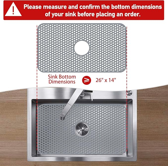 Bestjing Silicone Sink Protectors for Kitchen Sink with Center Drain, 26'' x 14'' Kitchen Protector Accessory, Non-Slip Grid Mat for Bottom of Farmhouse Porcelain Stainless Steel (Center Hole)