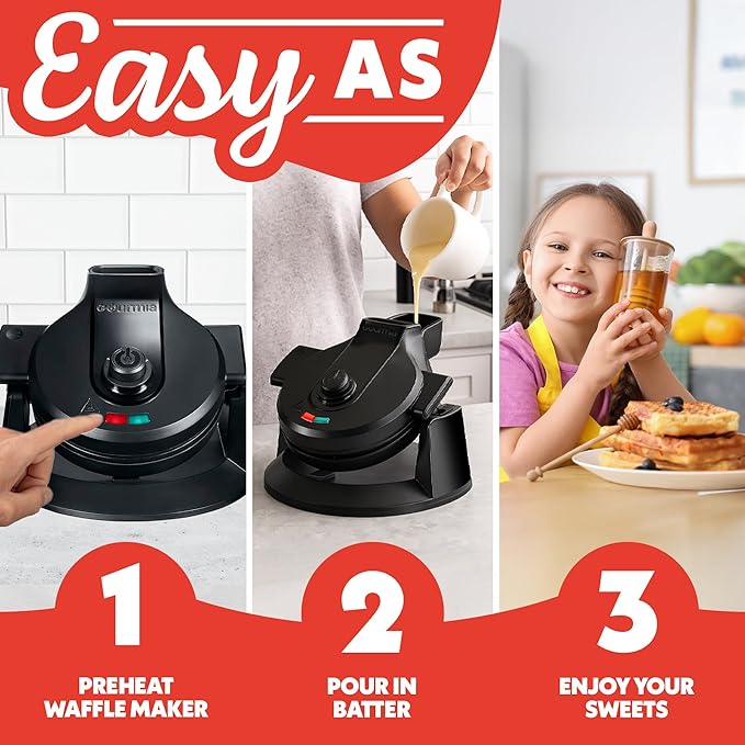 Gourmia Dual Pour Waffle Maker – Belgian Waffle Maker with Mess Free Spout, Nonstick Plates, Compact Upright Storage, 800W, Black