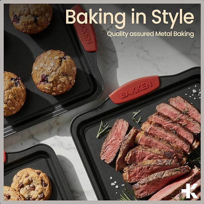 BAKKENMASTER Baking Set – 8 Piece Kitchen Oven Bakeware Set – Deluxe Non-Stick Black Coating Inside and Outside – Carbon Steel – Red Silicone Handles – PFOA PFOS and PTFE Free by Bakken