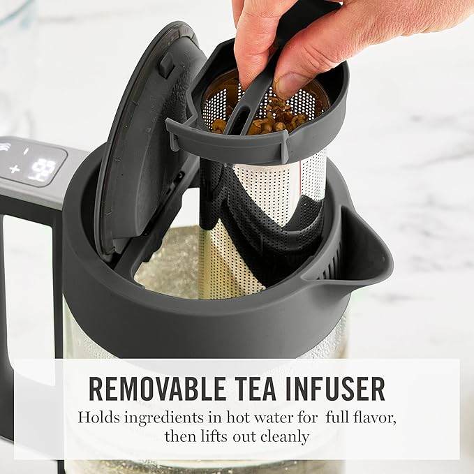 Martha Stewart  Electric  Kettle with Removable Stainless Steel Tea Infuser, Glass Carafe 1.7L (7 Cups), Hot Water Boiler, 4 Presets, Keep Warm & Auto Shut-Off, Cordless 360° Swivel Base, Caviar Gray