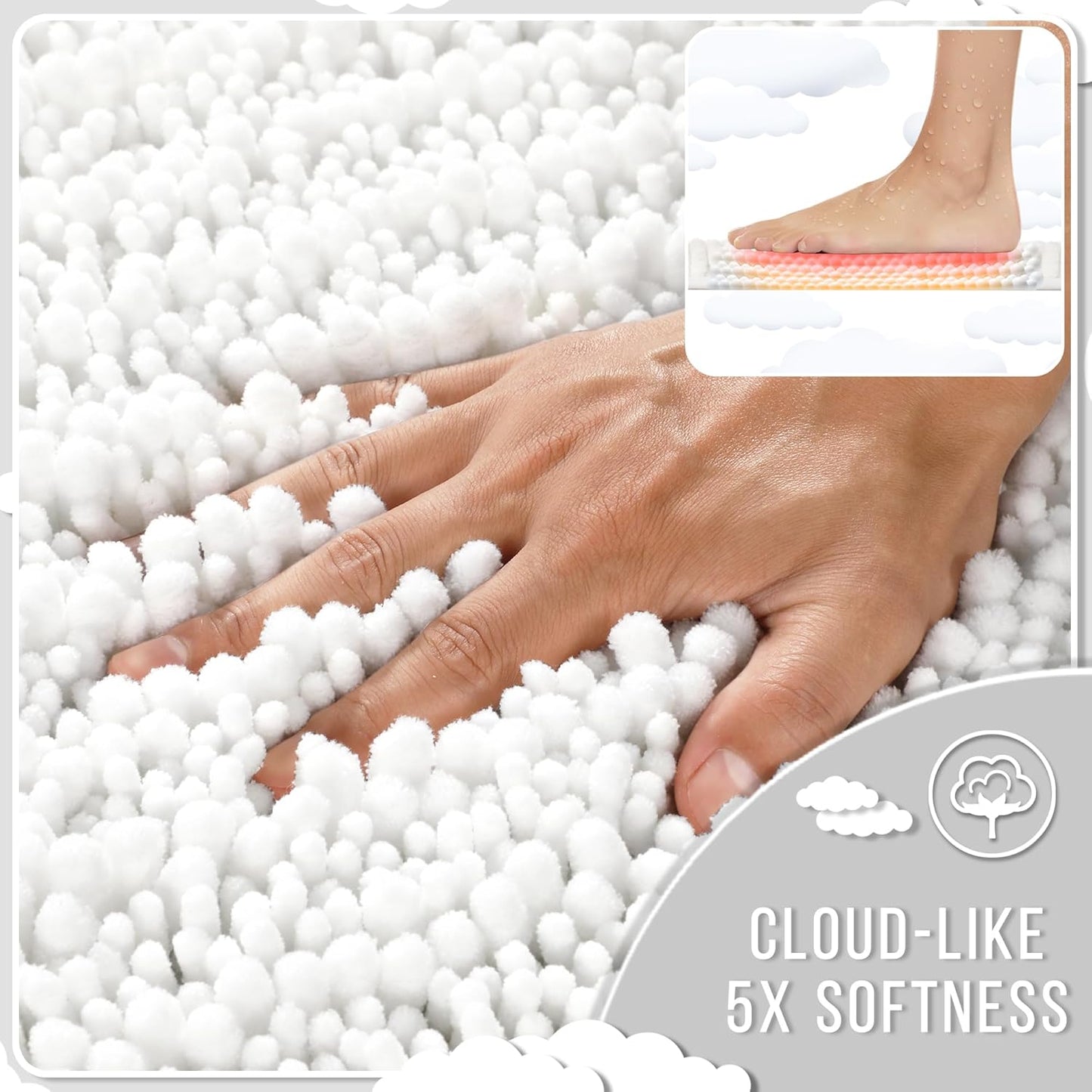 Yimobra Bathroom Runner Rug 55x24 Inch - Extra Long Non Slip Chenille Bath Mat, Soft & Absorbent, Machine Washable Shaggy Hallway Carpet for Vanity Tub Shower, White Home Decor Accessories