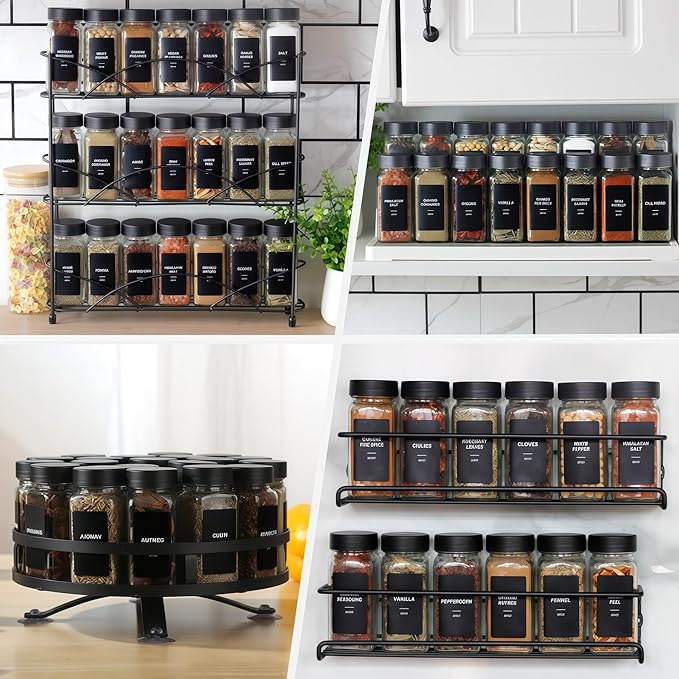 36Pcs Spice Jars Containers with Labels，4oz Black Seasoning Bottles with Shaker Lids for Rack, Cabinet, Drawer,Empty Square Condiment Pots (36, Black)