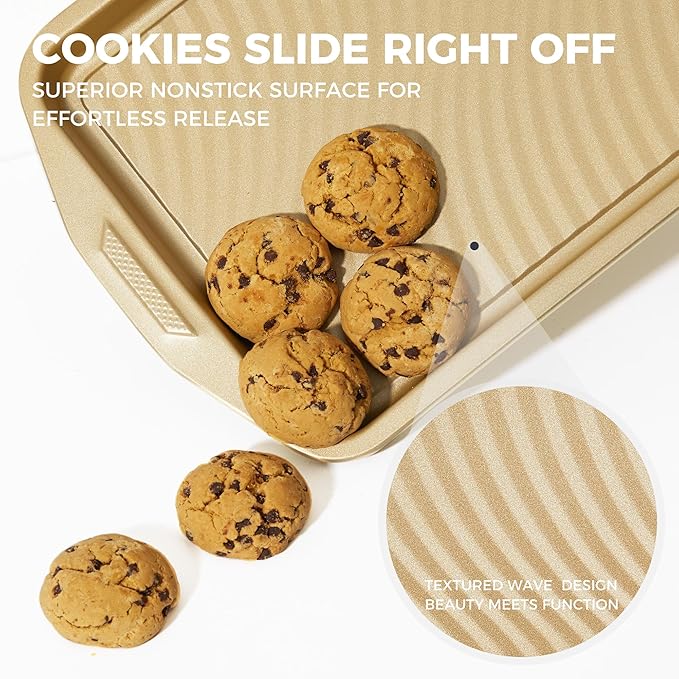 HONGBAKE 9-Piece Non Stick Baking Pans Set with Wave Texture for Reduced Oil, 0.8mm Thick Non Toxic Bakeware Sets, Includes Stackable Cookie Sheets for Oven Cooking, Cake Pan, Muffin Pan, Gold