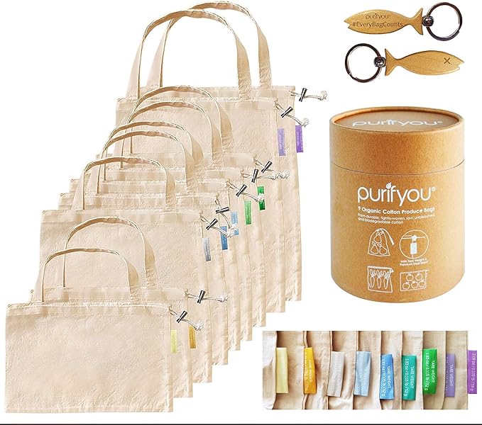 purifyou Set of 9 Mini Tote Bags with Drawstring, Reusable Organic Cotton Canvas Bags for Grocery Shopping, Dry Goods, Beach Essentials, Storage, and Travel, Washable (Large, XL)
