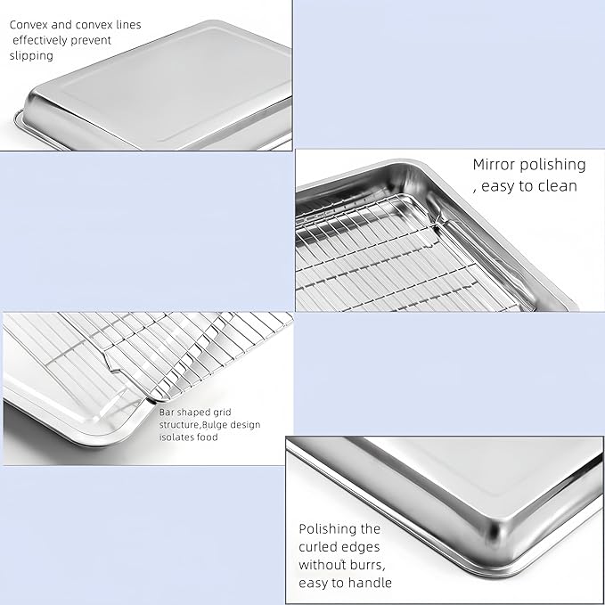 Roasting Pan Heavy Duty Stainless steel Turkey Pans for Oven,Toaster Oven Tray Pans with cooling rack,Hotel Pan, Barbeque Grill Pan,Deep Edge,Mirror treatment, Dishwasher Safe (10.4"x7.7"x2.8")