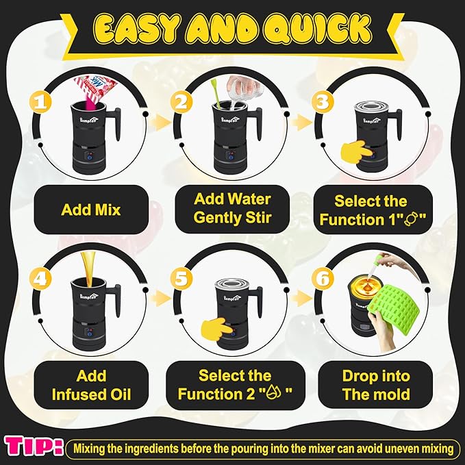 Gummy Maker Machine, Oil Infused Gummy Candy Maker, DIY Edible Gummy, Jelly & Pudding, Gummy Making Kit, Include Bear Mold, Fruit Mold, Worm Mold & Mixing Stick 5-Years Free Replacement (Black)