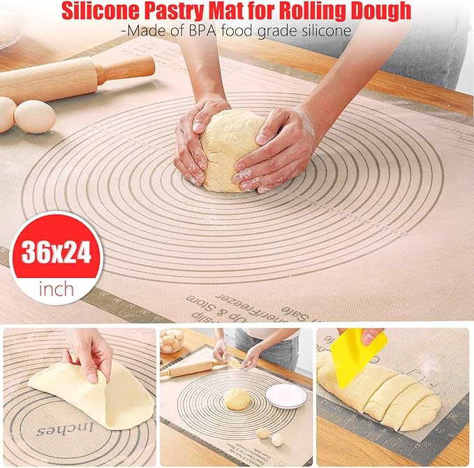 Silicone Pastry Mat 36x24 Inch Extra Large Baking Mat, Nonstick Kitchen Counter Kneading Board, Perfect for Dough, Pastry, Dough Rolling, Fondant, Pie Crust, Fondant, Cookies, Bread, Pasta, Pizza