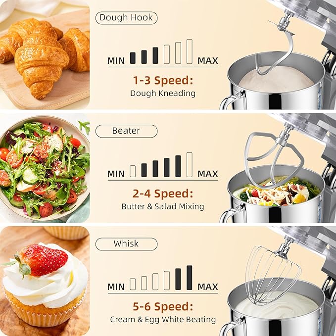 Dough Mixer 8.45 QT Electric Mixer - 660W 6 Speed Large Capacity Kitchen Stand Mixer with Whisk Dough Hook Mixing Beater Household Food Mixer for Baking Cakes Cookie Bread Salad