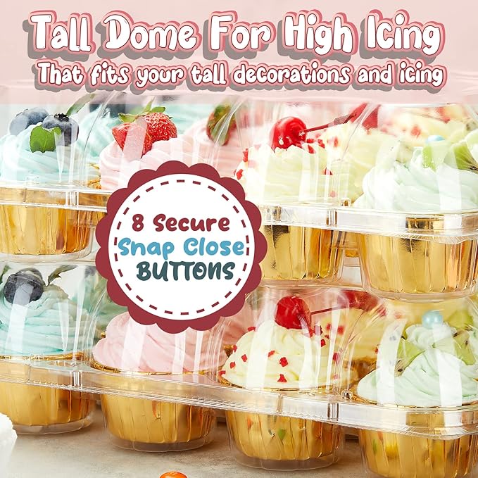 Gencywe (12 Pack x 20 Sets) Stackable Cupcake Carrier with 240 Pack Liners, Plastic Cupcake Boxes Holders for 12 Cupcakes, High Tall Dome Lid Cupcake Containers, Clear Disposable Cupcake Trays