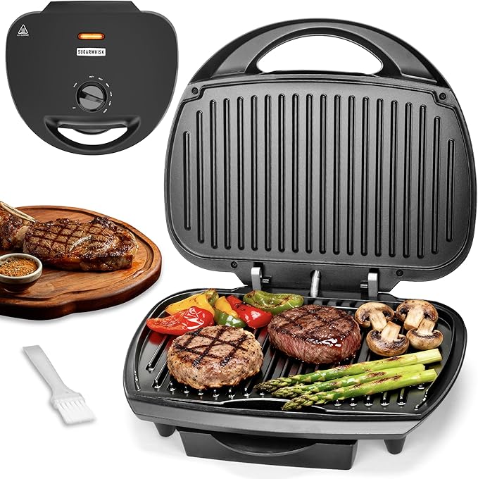 SugarWhisk Family-sized Contact Grill, 6-Serving Electric Indoor Grill with Adjustable Temp Control, Ceramic Coating, 1500W, Graphite