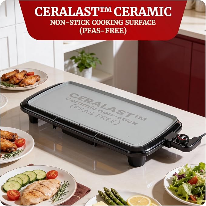 Elite Gourmet 10" x 20", Electric Griddle, Large PFAS-Free Ceralast™ Ceramic Non-Stick Surface Cool-touch Handles, Removable/Adjustable Thermostat, Easy to Clean Removable Grease Tray, Black/Grey