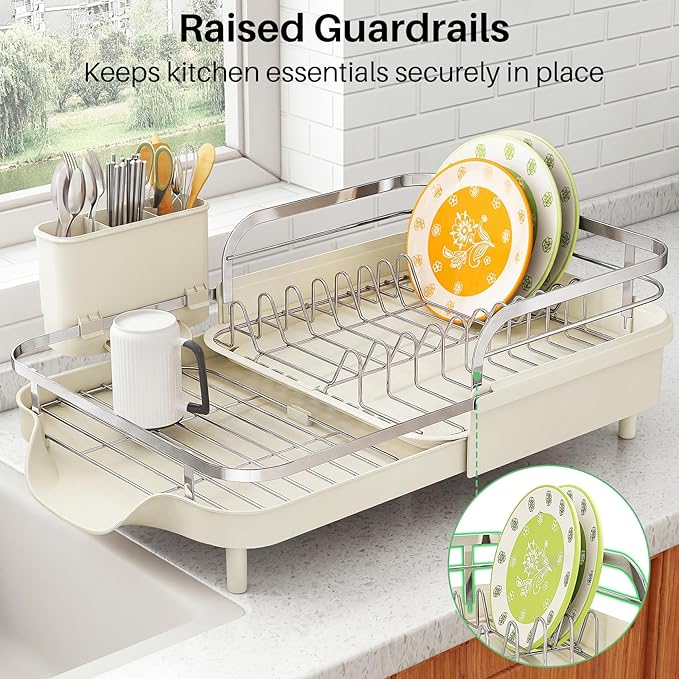 SAYZH Dish Drying Rack - Expandable Dish Rack for Kitchen Counter, Rust-Resistant Dish Drainer with Utensil Holder and Raised Guardrail, Kitchen Organizer for Cup and Bottle (Beige)