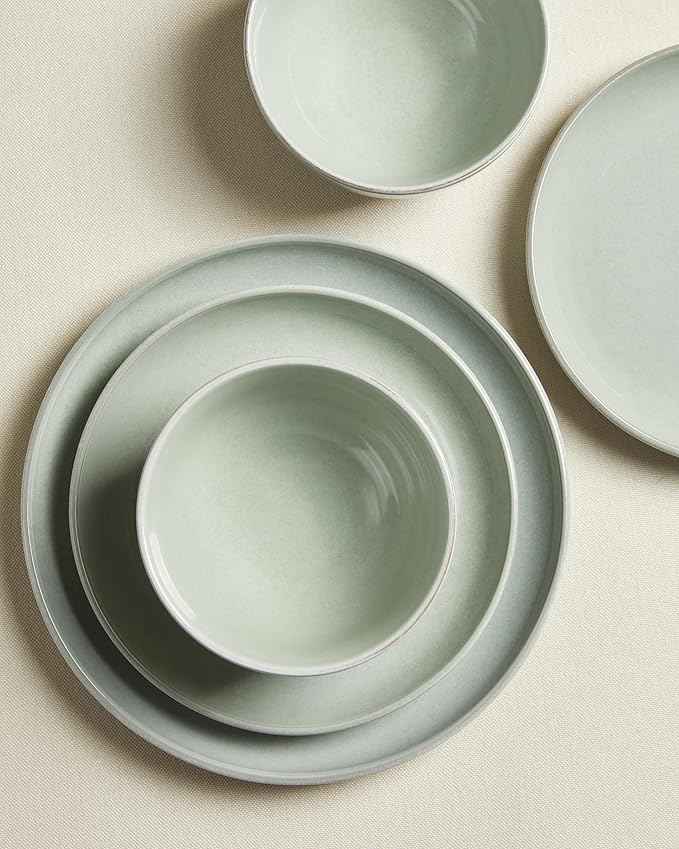 Santorini Mist Terracotta Reactive Glaze Plates and Bowls Sets, Stoneware Dinnerware Sets, Microwave and Dishwasher Safe Ceramic Dish Set Service for 4, Slate Green