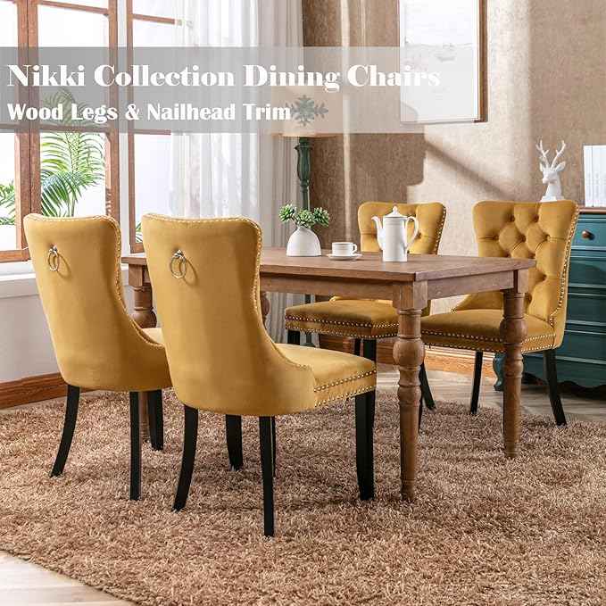 Velvet Dining Chairs Set of 6, Upholstered Dining Room Chairs with Back Ring Pull Trim and Solid Wood Legs,Tufted Wingback Kitchen Chair Perfect for Dining Room,Living Room,Kitchen(Gold)