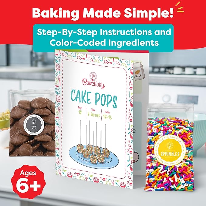 Baketivity Kids Baking Bundle – DIY Cake Pop Kit & 31-Piece Real Kids Cooking Set – Pre-Measured Kosher Ingredients, Safe Utensils, Illustrated Recipes & Video Guide – Fun Gift for Ages 6+