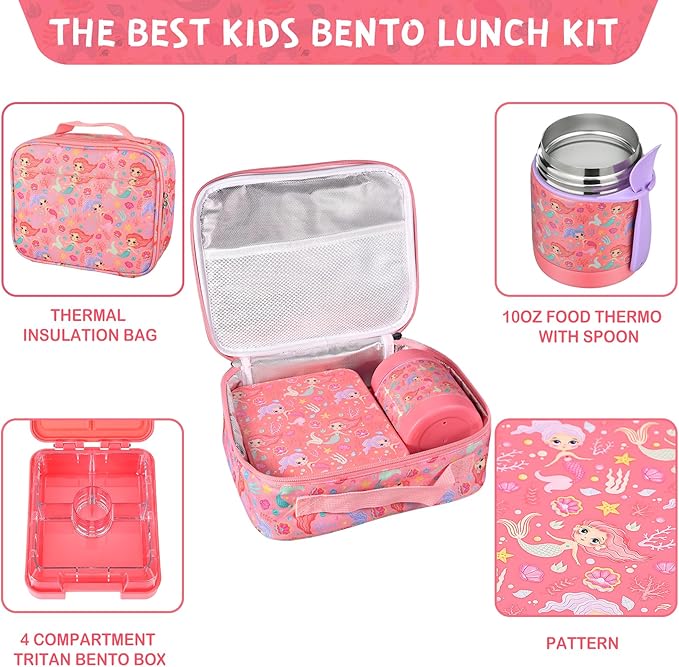 Pawtong Bento Lunch Box Set With 10oz Soup Thermo, Leak-proof Lunch Containers with 4 Compartment, Kids Hot Thermo Food Jar/Insulation Lunch Bag, Food Containers for School（Mermaid）