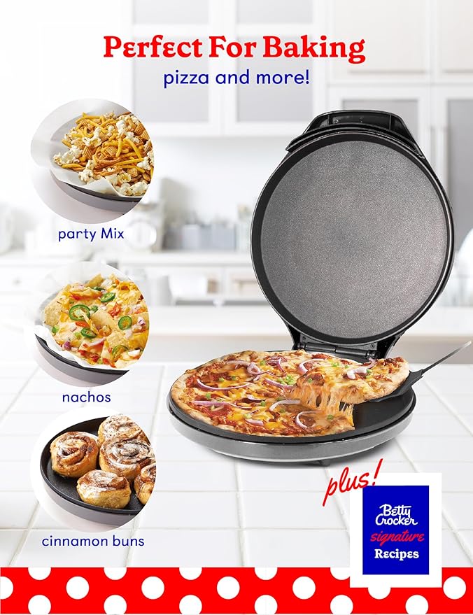 Betty Crocker Pizza Maker Plus, 12" Indoor Electric Grill, Nonstick Griddle Pan for Pizzas, Quesadillas, Tortillas, Nachos and more, 12" Electric Griddle for Delicious Meals and Snacks, Silver