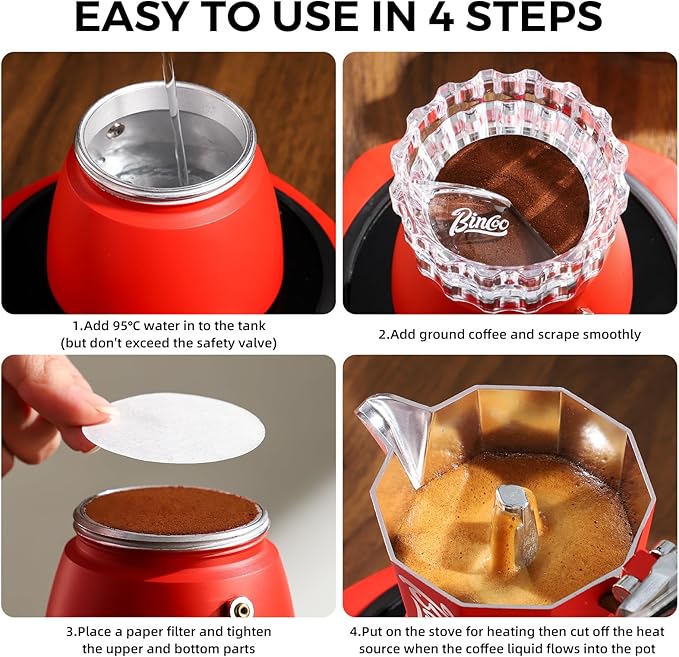 Bincoo Espresso Maker Stovetop, Moka Pot 3 Cups, Espresso Pot Classic Italian Coffee Maker,Single Safety Valve (Red, 3 Cup)