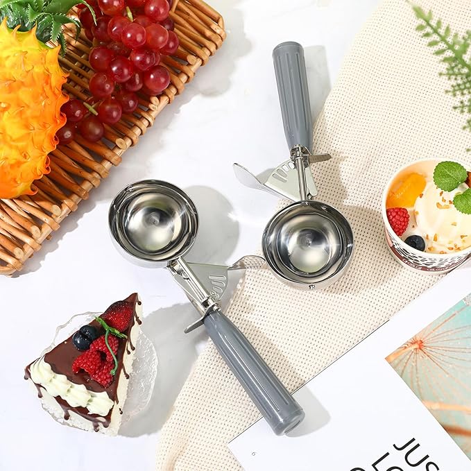 Reallnaive 2 Pcs Release Cookie Scoops Ice Cream Scooper with Trigger Release Portion Scoop Stainless Steel for Portion Control, Baking Food, Cookie Dough (2 oz,Gray)