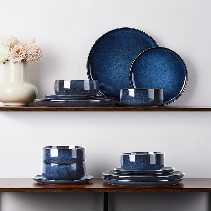 E-far Dinnerware Sets for 8, 24-Piece Stoneware Plates and Bowls Set, Ceramic Dishes Reactive Glaze Dinning Ware, Microwave & Dishwasher Safe - Deep Sea Blue