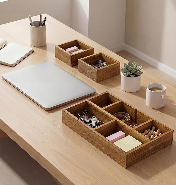 KOCWELL Bamboo Desk Drawer Organizer with Removable Dividers,Multi-Use Office Drawer Organizer Tray,Junk Drawer Organizers for Office,School,Kitchen,Makeup Supply（Carbon Brown）