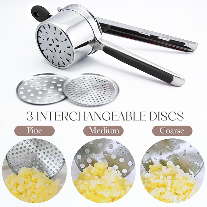 Bellemain 15 oz Large Potato Ricer | Heavy-Duty Stainless Steel Potato Ricer & Masher | Perfect for Mashed Potatoes | Kitchen Tool with 3 Interchangeable Discs (Black)