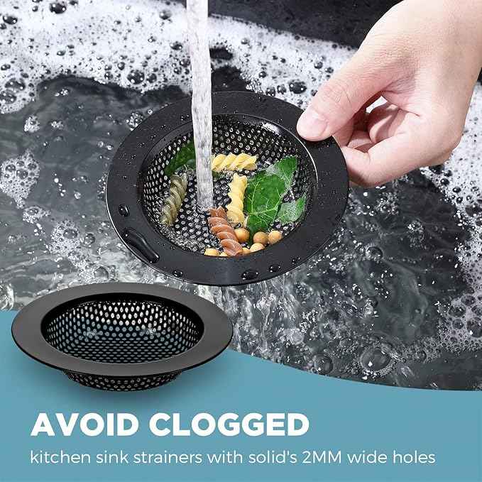 Mudder 3 Pcs Kitchen Sink Drain Strainer and Stopper Stainless Steel Garbage Disposal Plug with Handle Universal Anti-Clogging Kitchen Sink Filter Sieve Basket Strainer(Black)