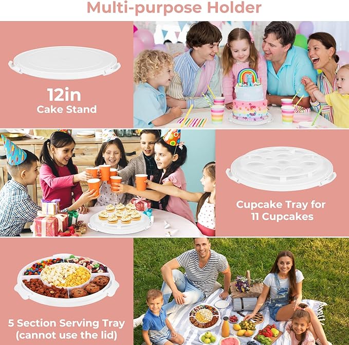 12in Extra Large Cake Carrier with Lid and Handle, Holds up to 12" round 7" high cake, Portable Cake Container for Transport Pies, Cupcakes, Cakes and More