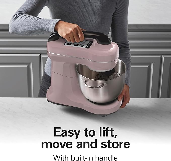 Hamilton Beach Electric Stand Mixer, 4 Quarts, Dough Hook, Flat Beater Attachments, Splash Guard, 7 Speeds with Whisk, Easy-Carry Top Handle, Pink